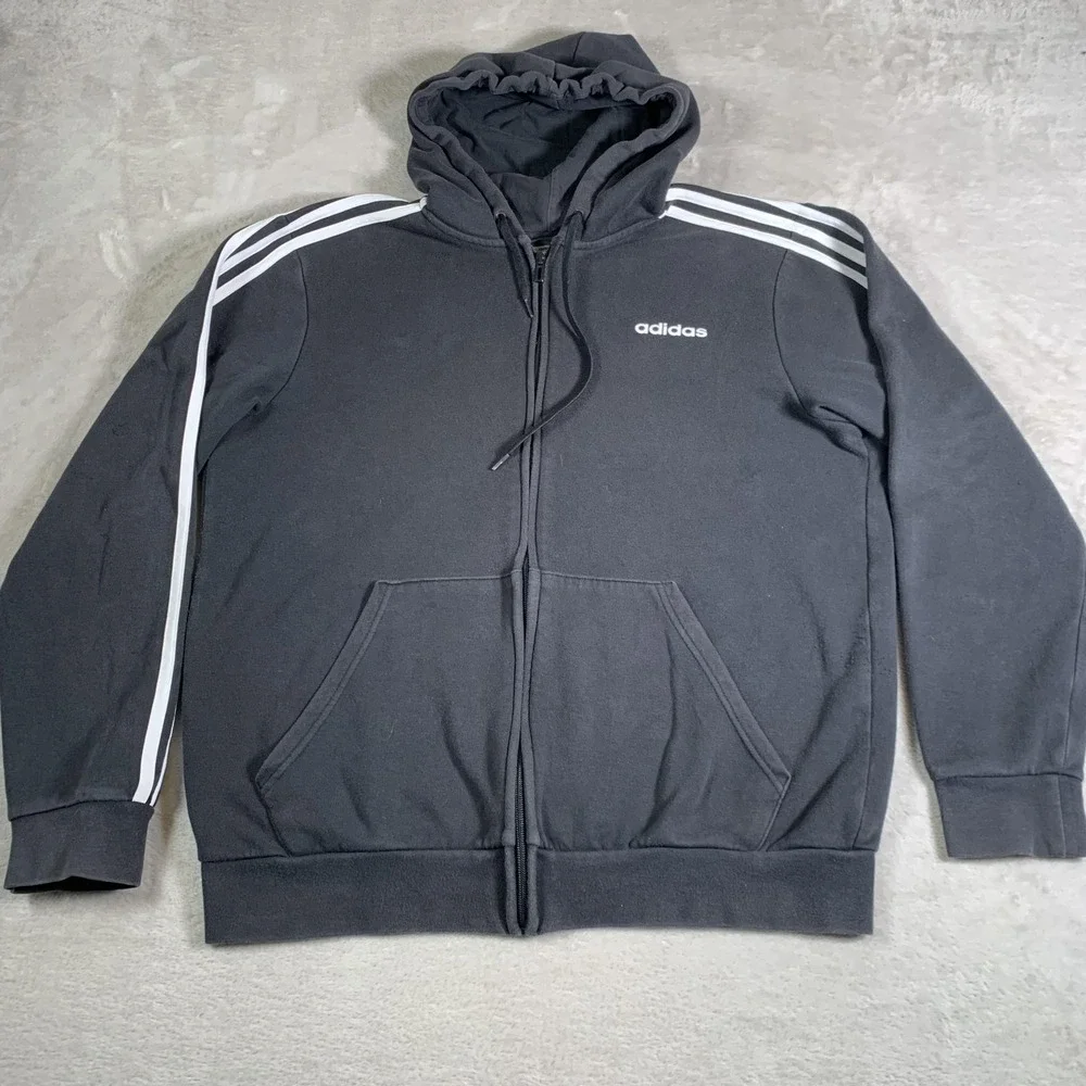 Adidas Hoodie Mens Large Black Full Zip 3-Stripes‎ Sweatshirt Jacket Pockets